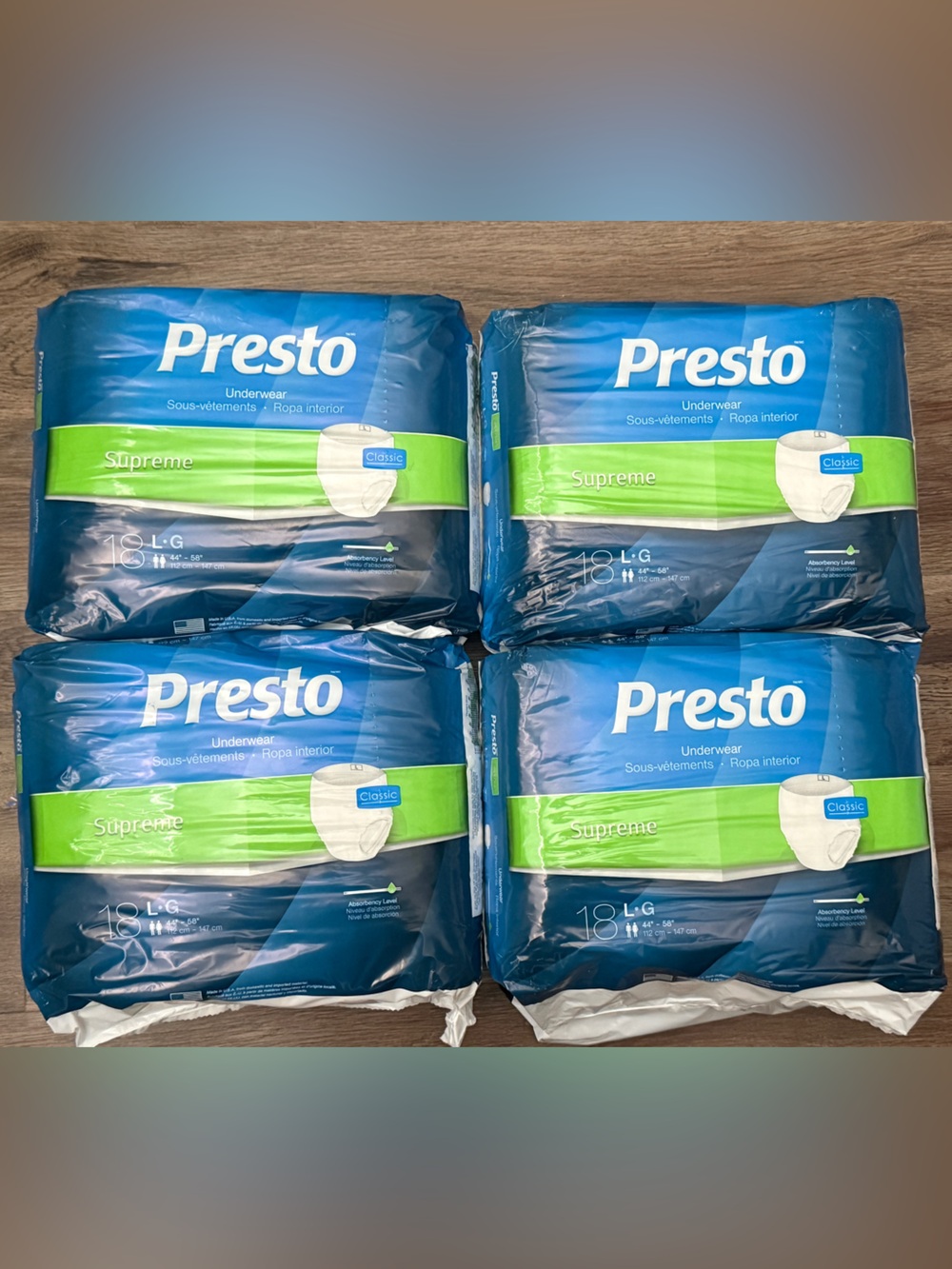 4 NWT Presto Supreme Classic Unisex Incontinence Underwear, Large 45"-58" Waist